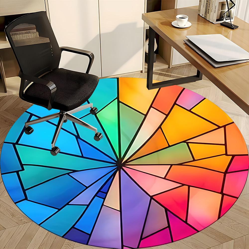 1pc Stained Glass Spectrum Office Round Area Rug, Indoor Mat Suitable ForOffice, Under Office Chairs Bedroom Living Room Home Decor, Room Deco T085