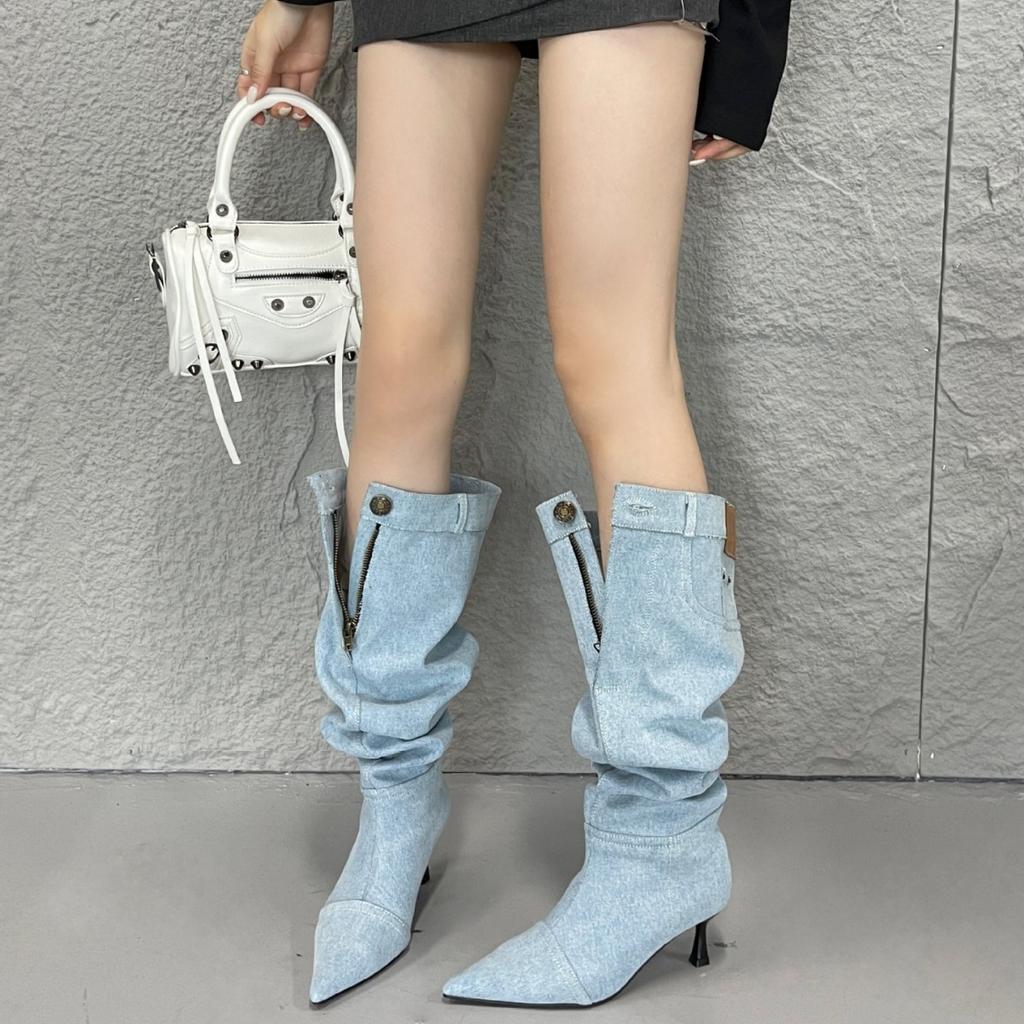 2025 Autumn New Pointed Thin High Heel Pleated Tall Cowboy Thin Sexy Nightclub Martin Knight Women's Boots