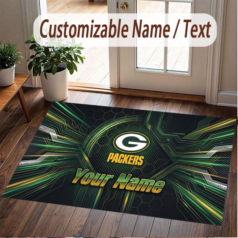 Custom Rug Green Bay Packers Pattern Print Name Text Soft Non‑Slip Floor Carpet for Home Indoor Decoration