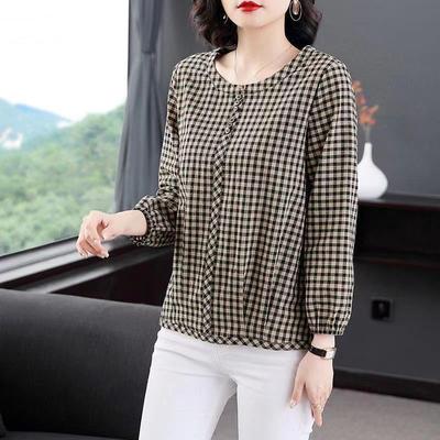 Cotton T-shirt Big Size Long-sleeved Top Women's Comfortable Soft  Ing Shirt Loose Plaid Shirt Casual Daily Tops