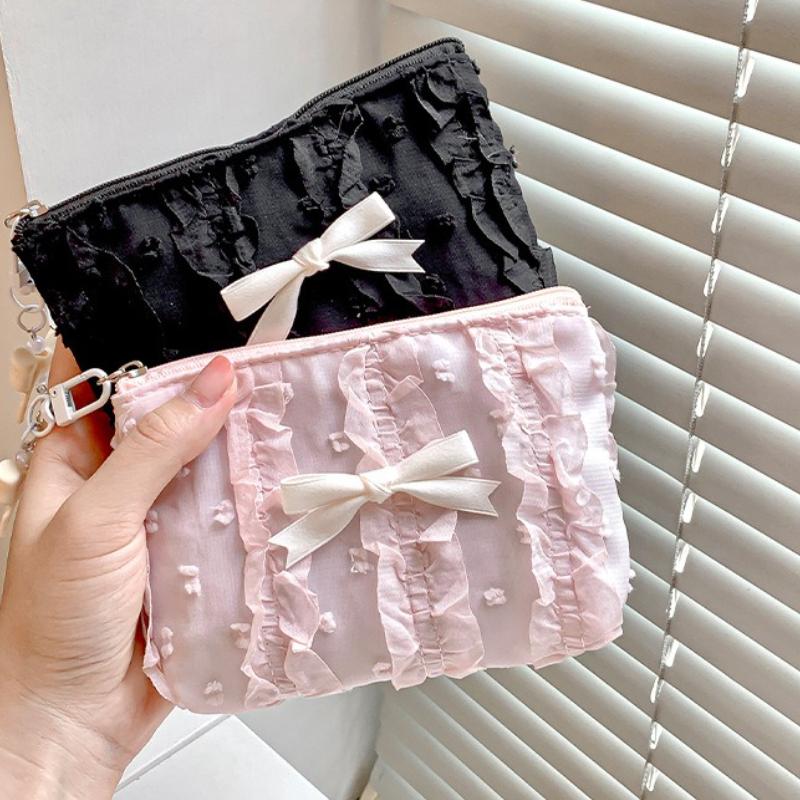 Cute Makeup Bag for Women Korean Style Lace Bow Cosmetic Pouch Large Capacity Travel Toiletry Organizer Zipper Clutch Coin Purse