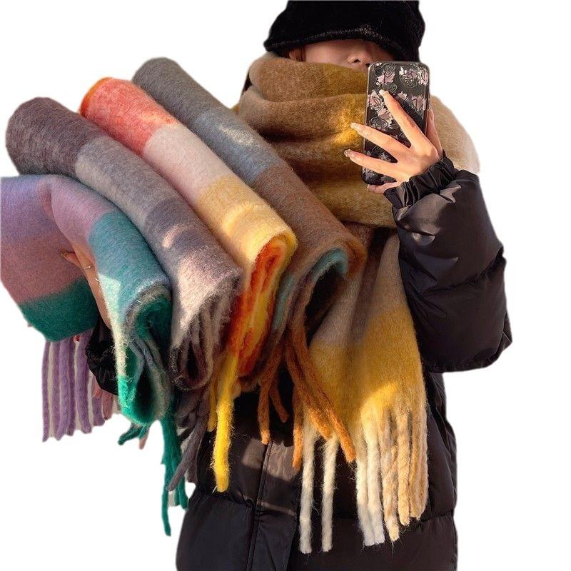 Winter Plaid Tassel Scarf for Women Autumn and Winter Rainbow Color Blocked Imitation Cashmere Mohair Shawl Thickened Scarf for Women