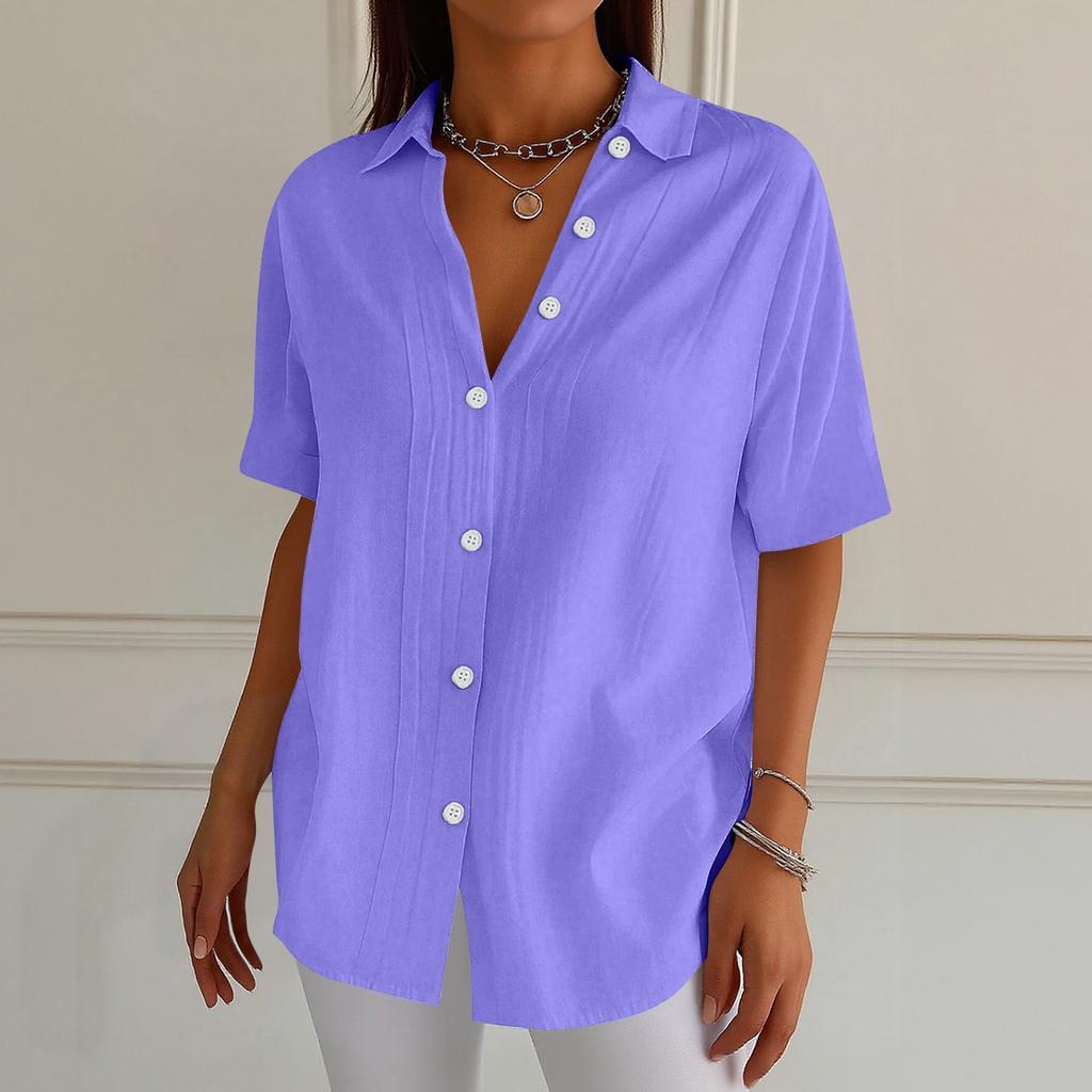 Chemise à manches courtes boutonnée et col pour femme -couleur