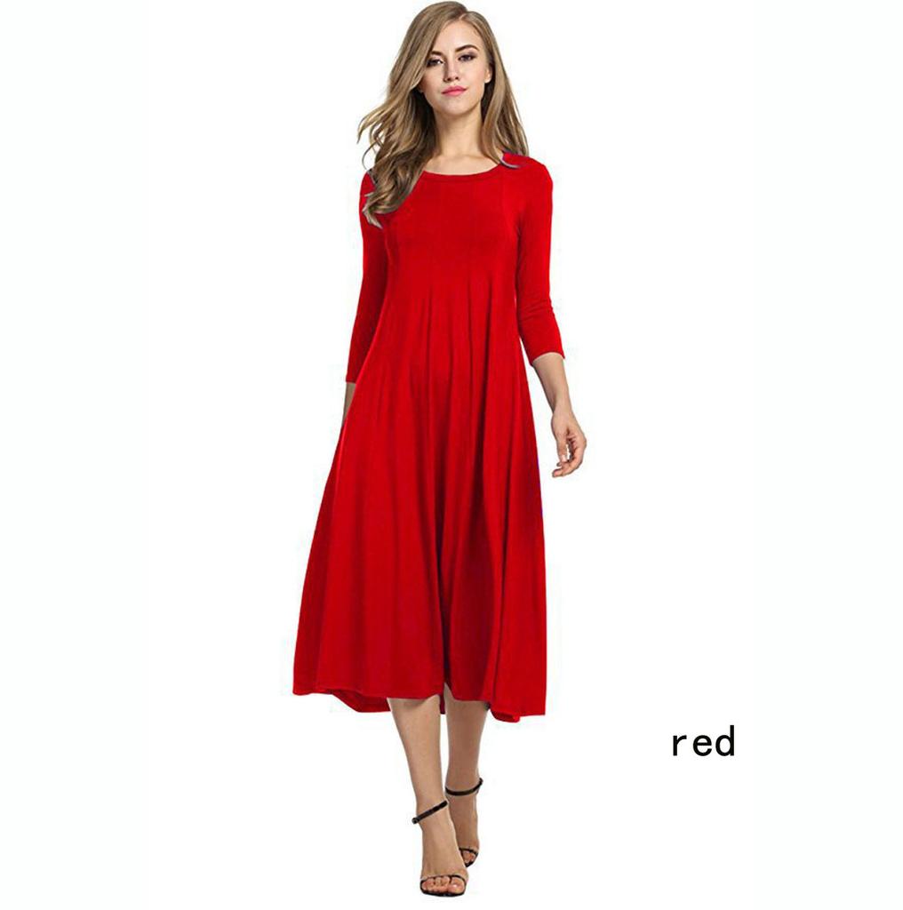 Round Neck Mid-sleeve Solid Color Swing Dress Fashion Temperament Elegant Women's Clothing