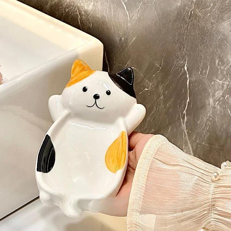 Cute Cartoon Cat Jewelry Tray Creative Ceramic Soap Drain Rack Fun Bathroom Decoration Space Saving Soap Box Home Decorations