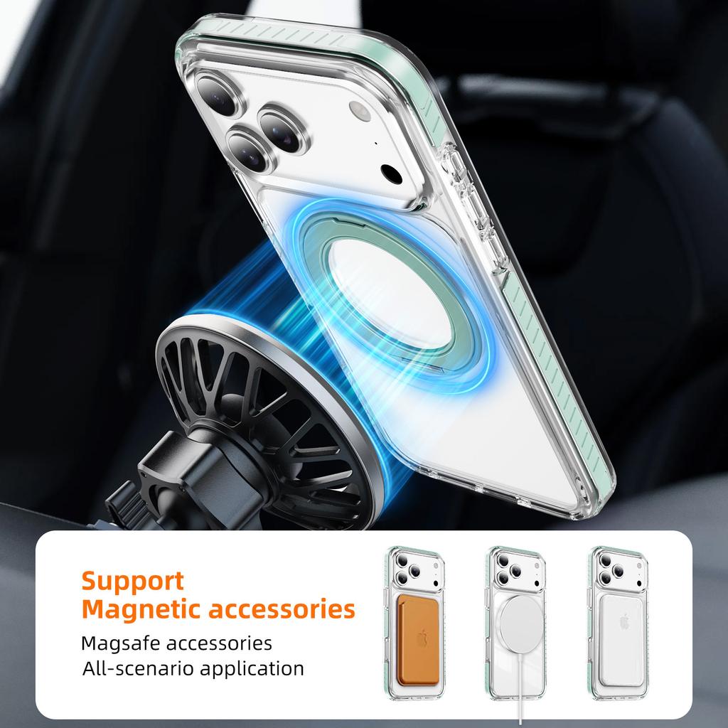 Fashion Transparent Magnetic Phone Case For iPhone 17 Air 16 15 14 Plus 13 Pro Max 360 Ring Stand For MagSafe Shockproof Cover