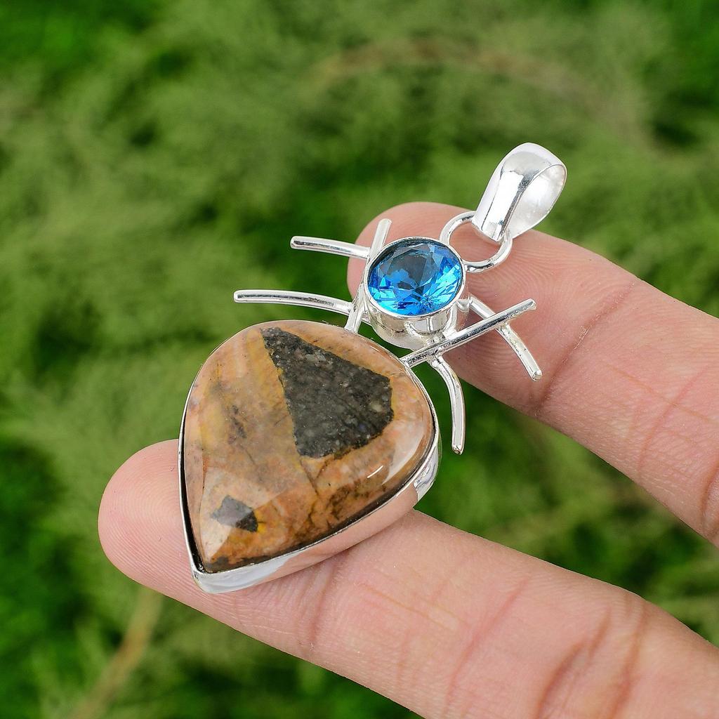 Daughters Day Sale 925 Sterling Silver Bauxite Stone Swiss Blue Topaz Pendant