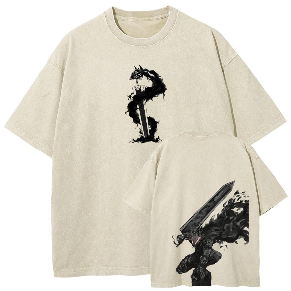 Berserk Guts T Shirt Manga Griffith Printed  T-shirt Men Unisex Clothes Street Vintage Washed Tshirt Short Sleeve Cotton Tees