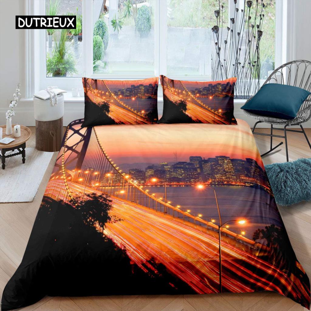 Cityscape Duvet Cover Set New York City Night View Quilt Cover for Boys Adults Microfiber Building Bedding Set 2/3Pcs King Size