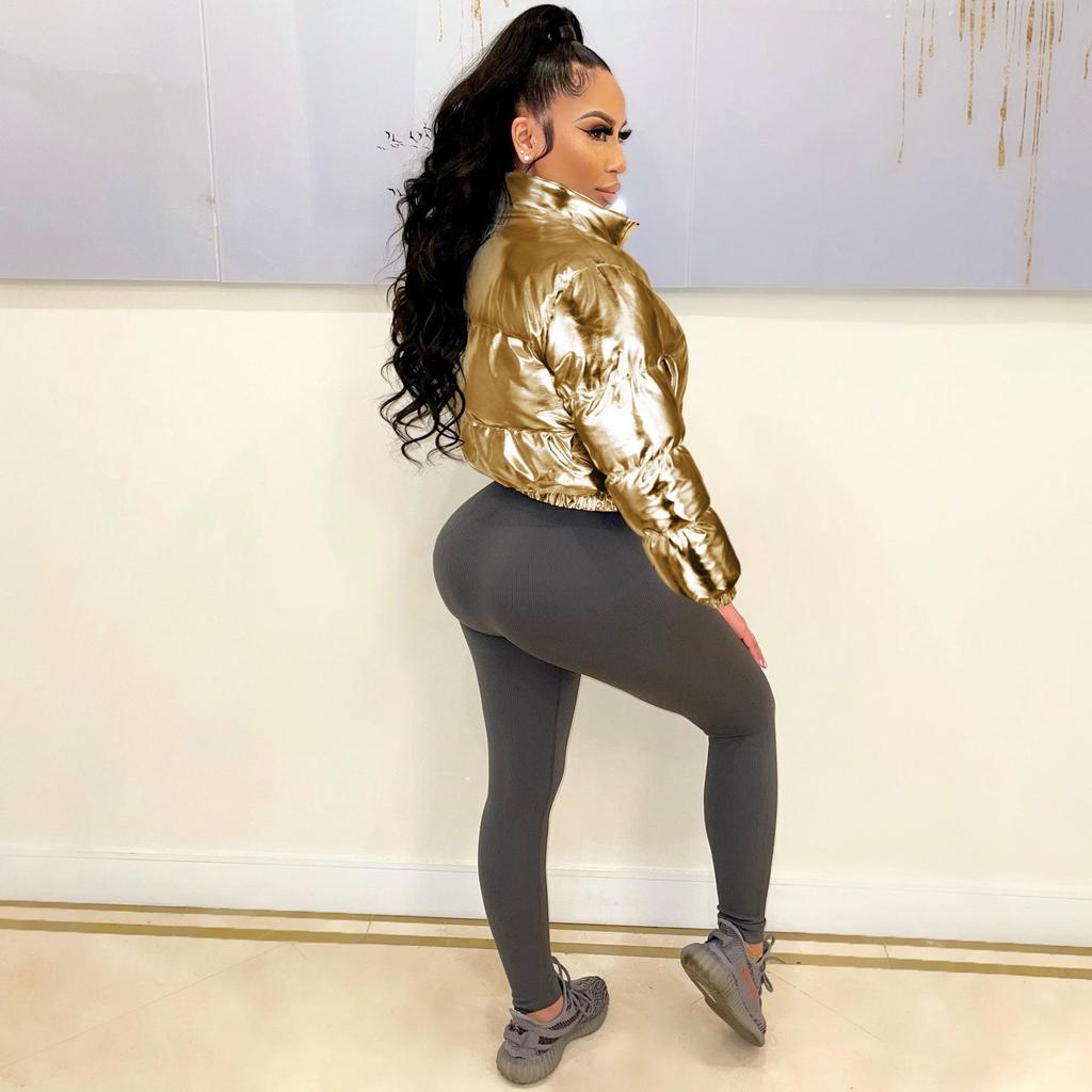 Ins Frauen Helle Vergoldung Zipper Fly Langarm Schlank Parkas Jacke Dicke Warme Winter Mode Outwear 2023 Jacken Mantel