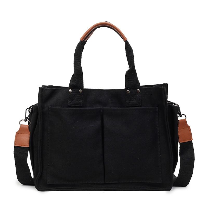 

Solid color canvas bag women s 2025 new large-capacity multi-pocket simple handbag student class bag messenger bag чёрный