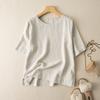Plus Size Cotton Linen Short Sleeve T-Shirt Women's Retro Summer Loose Casual Shirt Crew Neck Tops
