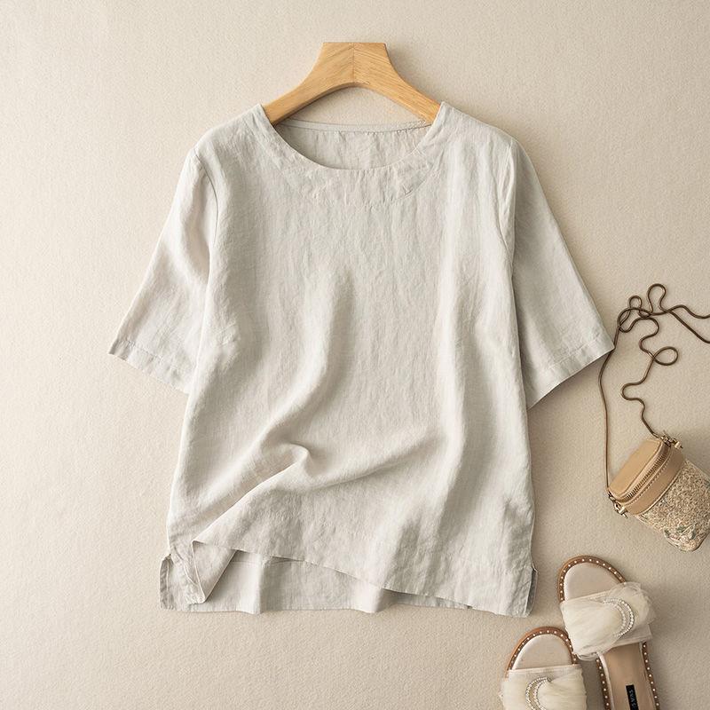 Plus Size Cotton Linen Short Sleeve T-Shirt Women's Retro Summer Loose Casual Shirt Crew Neck Tops