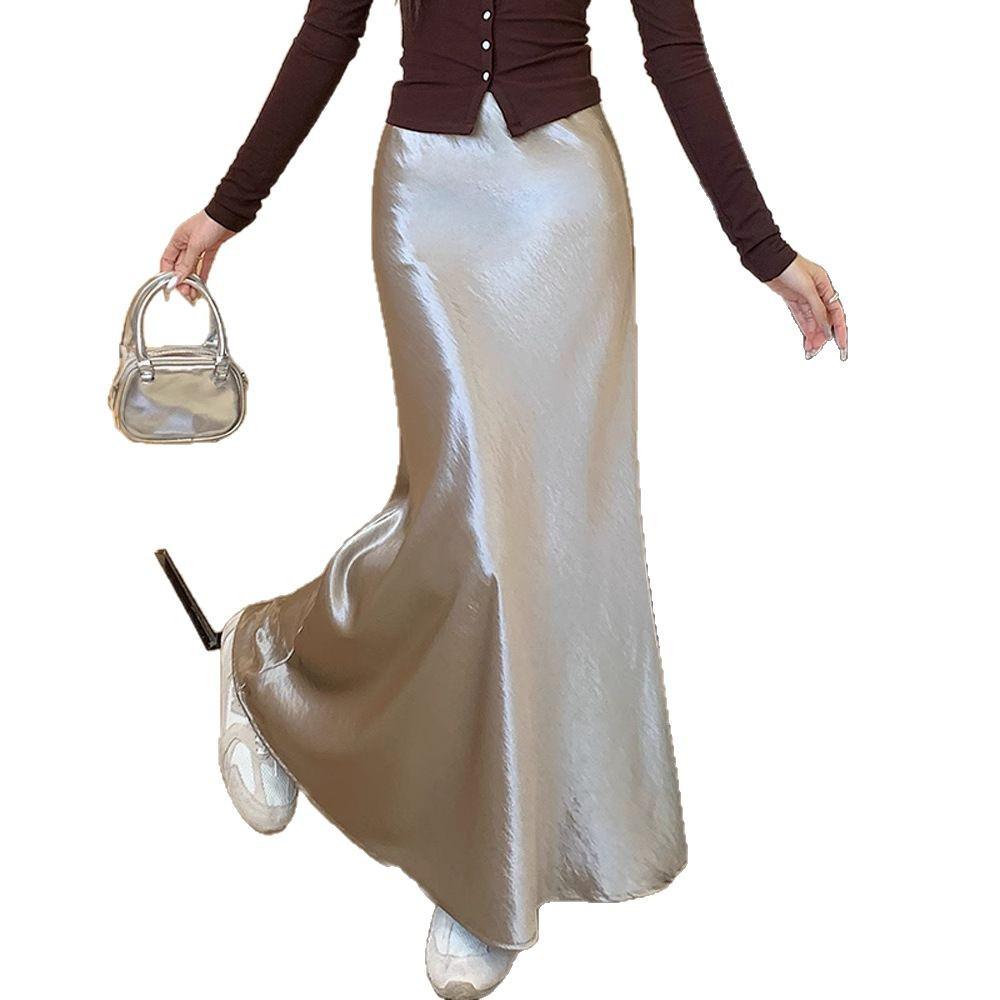 High Waist Acetate Satin Fishtail A-Line Skirt for Women