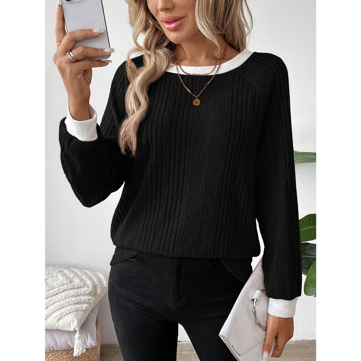 

New Women s Casual Long Sleeve Crew Neck T-shirt Top for European American Style S чёрный