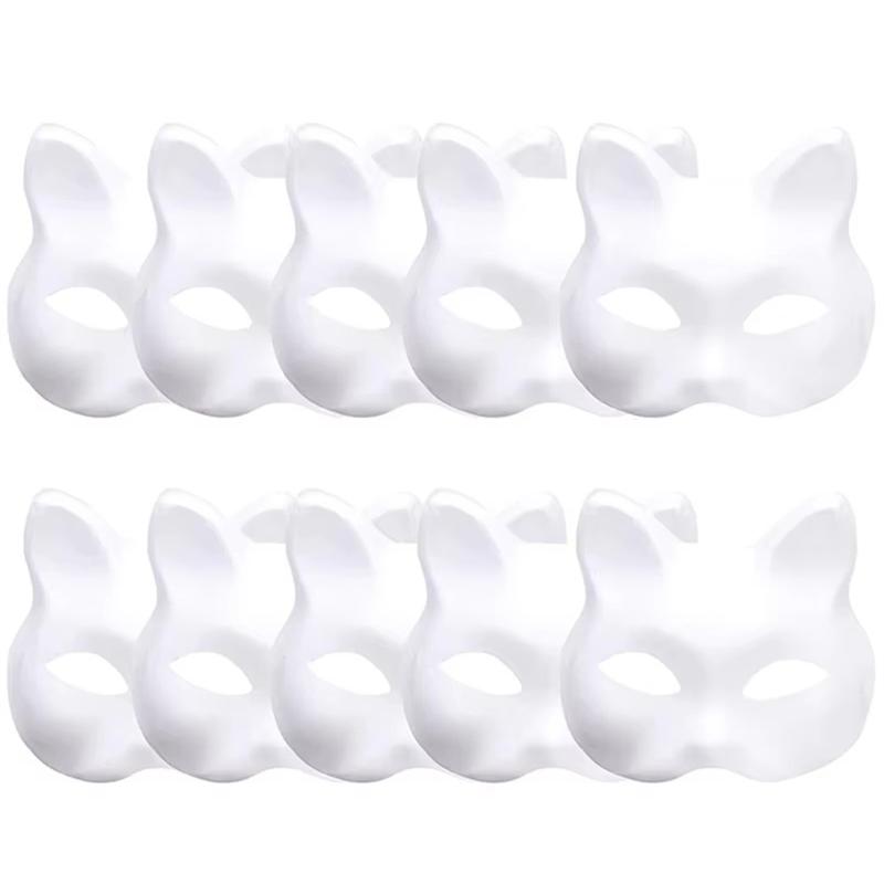 A25F-DIY Blank White Cat Masks 10PCS Therian Masks Halloween Mask Animal Half Facemasks Masquerade Cosplay Party