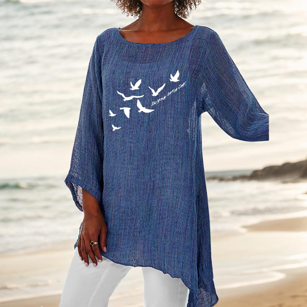 Women Fashion 3/4 Sleeve Top Round Neck Print Blouse Ladies Thin Cotton Linen Shirt