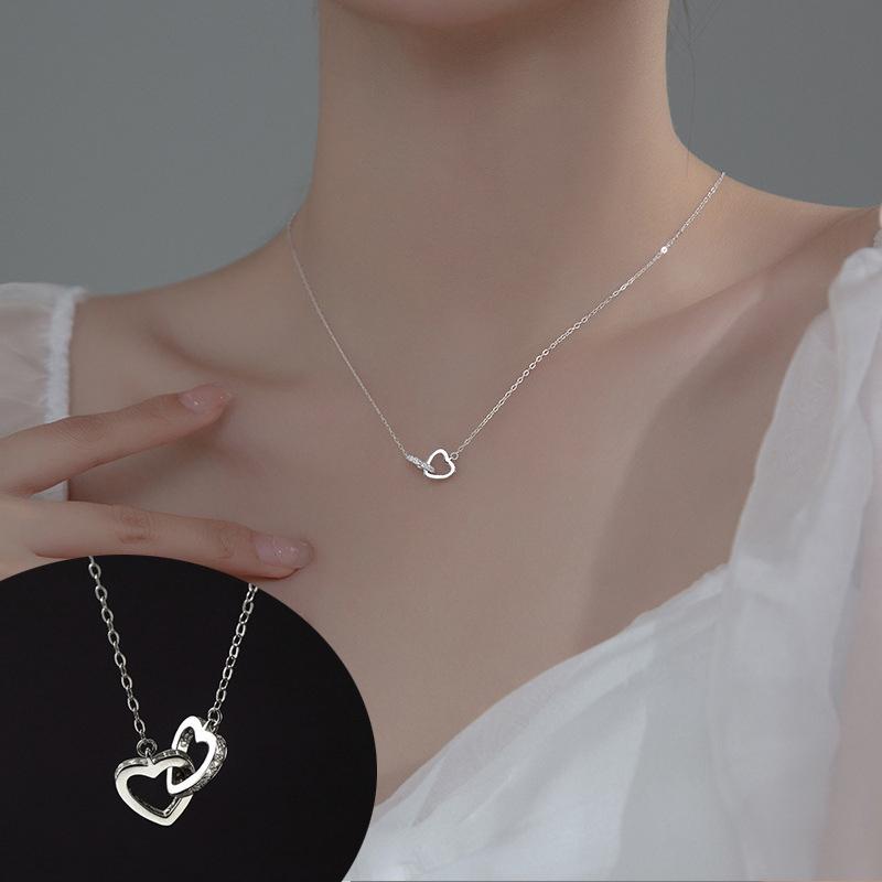 Sterlingsilber Süßer Pavé Zirkon Ringverschluss Liebesherz Anhänger Kette Halskette Mode Koreanischer Party Choker Schmuck