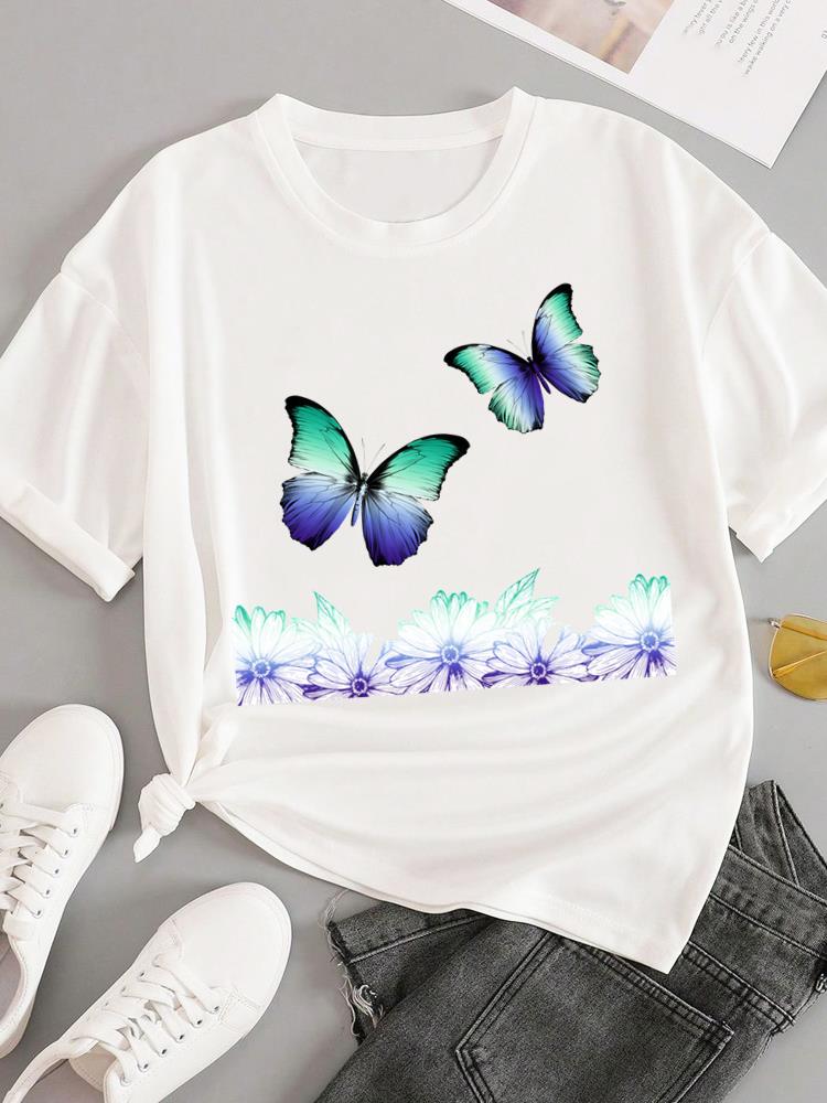 (Asian Size) sweet flower feather Short Sleeve T-shirts Women's Top T Female Print  Fashion O-neck Casual Clothing  Graphic Tee