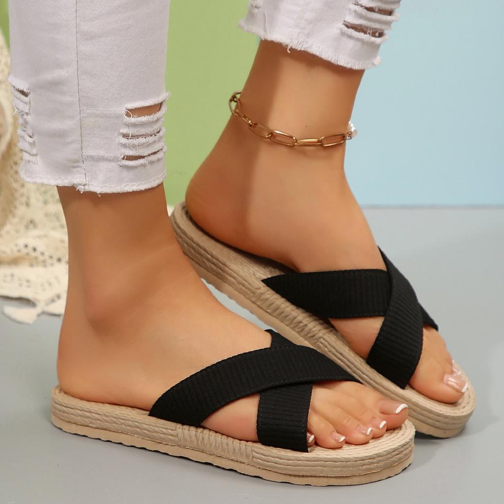 Fashion 2024 Women Slippers New Minimalist Cross Band Sandals Trend Beach Hemp Rope Slippers Espadrille Outdoor Shoes Home Slides Women