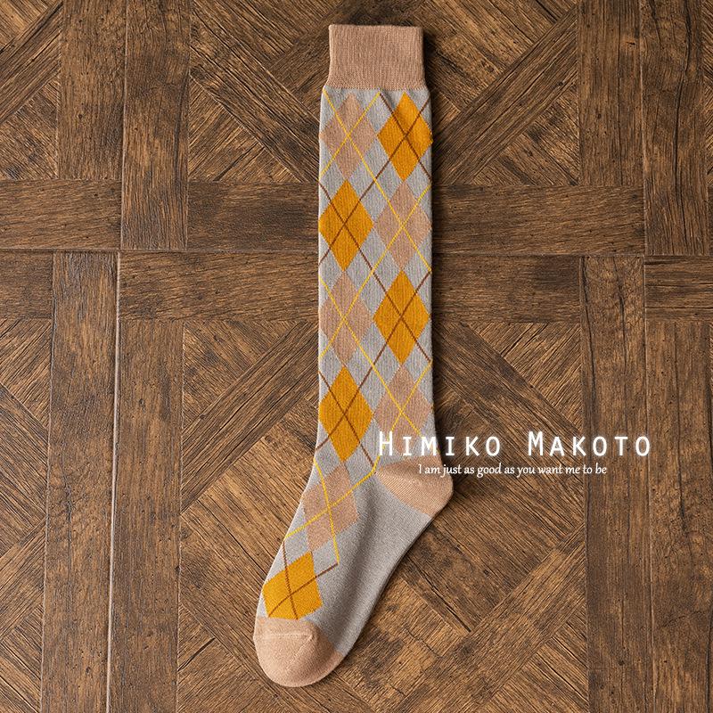 Korean Style Cotton Diamond Pattern Knee-High Retro Socks for Women