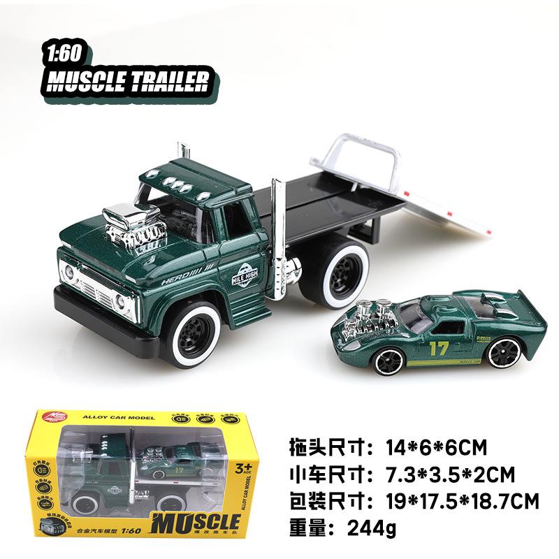 1:60 American MUSCLE TRAILER Alloy Diecast Car Model Toys Sound Light Pull Back Metal Body Rubber Tires Trailer Toys Kids Gifts