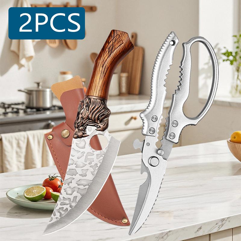 Multifunctional Hand Forged Kitchen Knives BBQ Meat Cleaver Fruit Vegetable Knife Professional Stainless Steel Knife Scissor