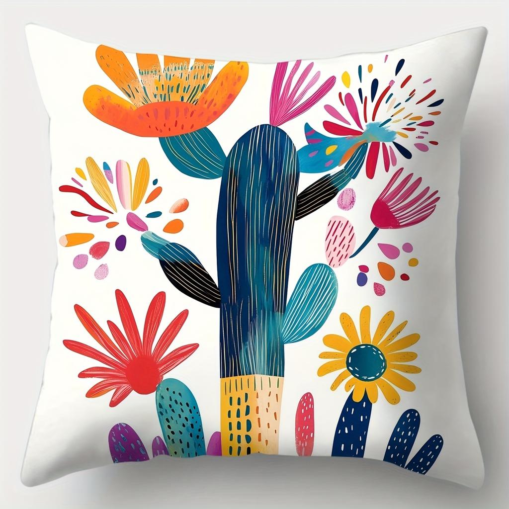 4pcs Set, Sofa Pillow Case, Cartoon Sun And Cactus Pillow Case,45x45cm, Single-Sided Print, Home Decoration, Sofa Waist Pi