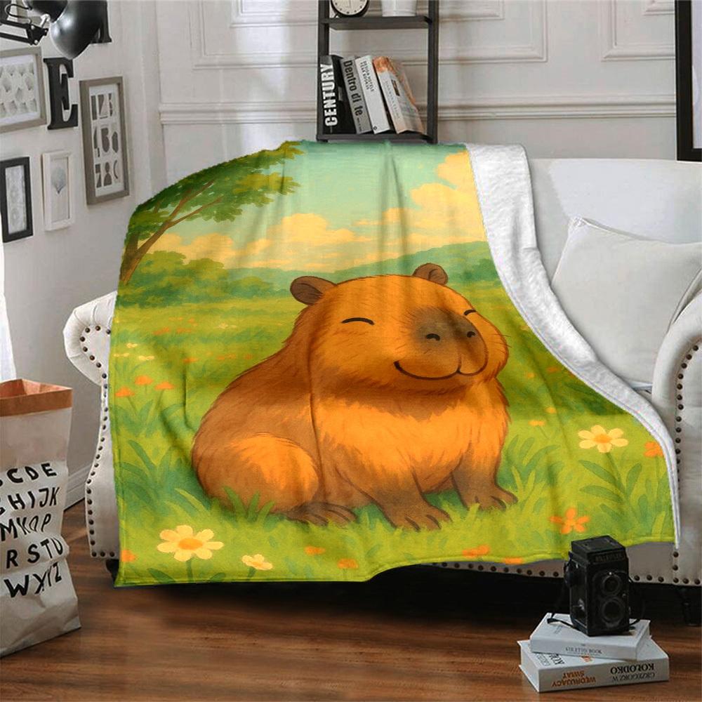 1pc Capybara, Nature Scene Blanket, Lightweight Flannel Fleece with Digital Printing, Soft Warm for Sofa, Travel, Camping, Office, Couch, Chair, and B