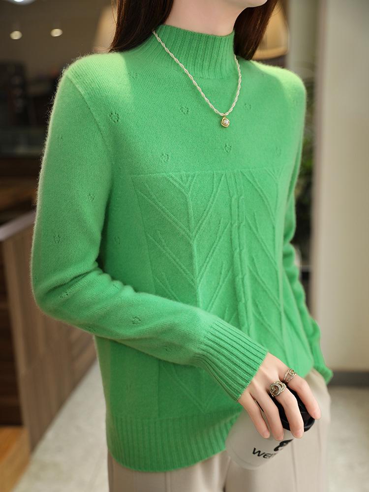 Fall/Winter Women's 100% Pure Wool Heart Jacquard High Neck Sweater Pullover