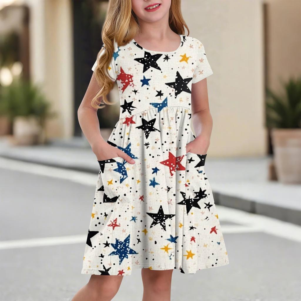 Kinder Rundhals Kurzarm Prinzessinnenkleid Modisch Und Lässig Tasche Mädchen Unabhängigkeitstag Kleid