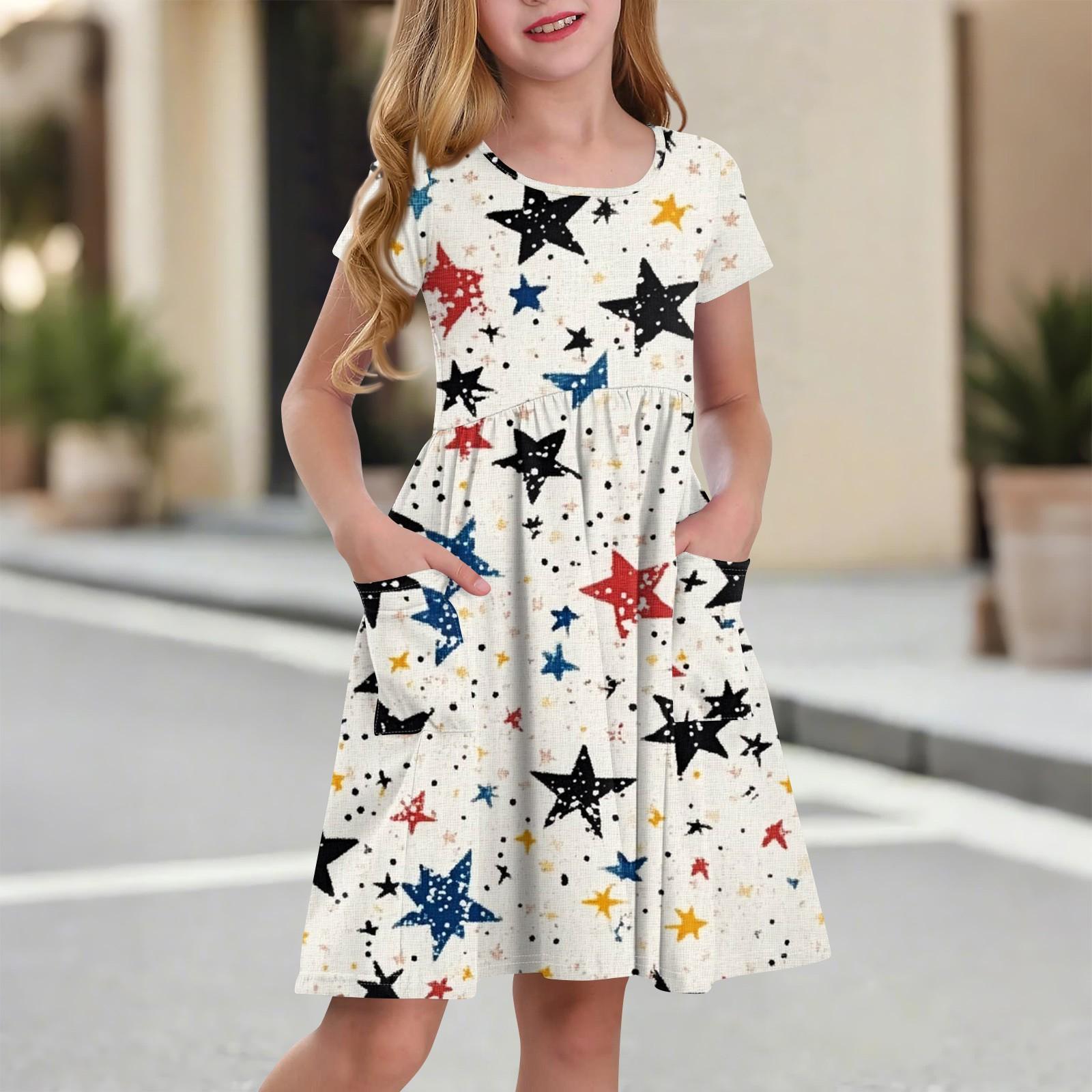 

Детское платье принцессы с круглым вырезом и короткими рукавами, модное и повседневное, с карманом, для девочки, платье на День независимости 90 белый