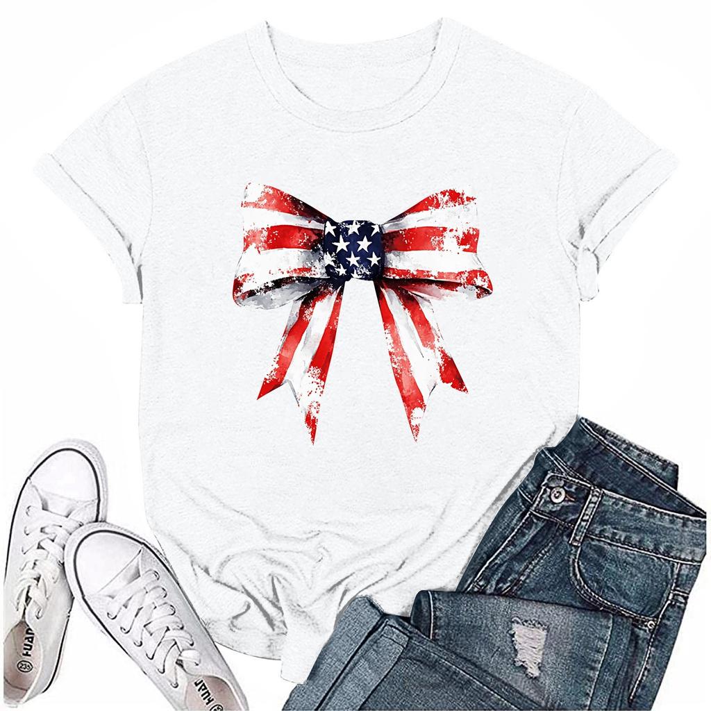 Adults Casual Daily Round Neck Independence Day Printed Short Sleeved T-shirt Letter Top