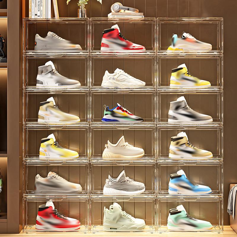 Transparent acrylic shoe box with lid, magnetic suction side opening door, shoe storage box