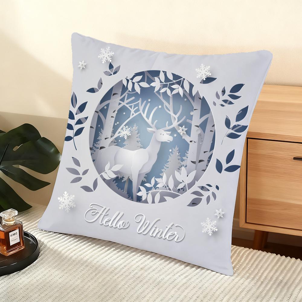 Blue And White Moose Cushion Cover Silky Short Plush Home Sofa Cushion Cover - Invisible Zipper Home Decoration
