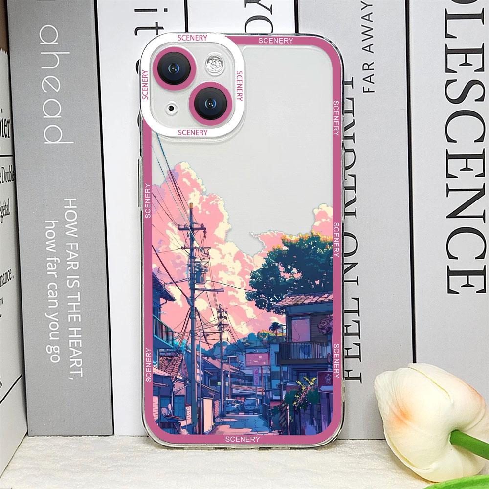 Japanese Landscape Cherry Blossoms Phone Case for IPhone 11 12 13 14 15 16 Pro Max Mini XS X 7 8 14Plus Clear Soft Scenery Cover