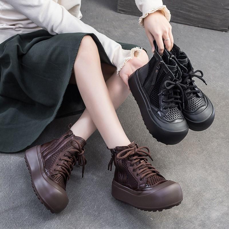 Johnature Retro Breathable Mesh Hollow Out Boots Genuine Leather Women's Flat Platform Shoes