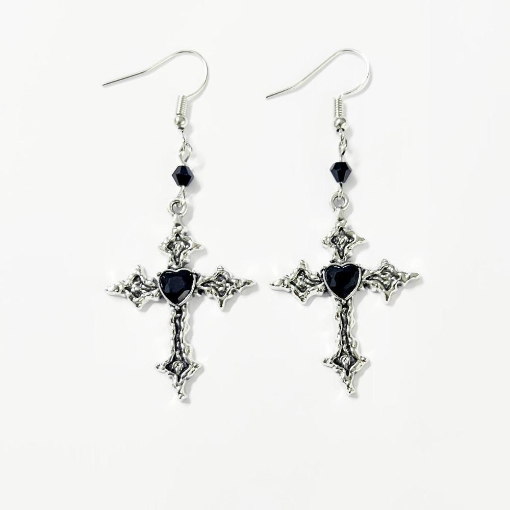 Gothic Punk Silver Color Liquid Metal Cross Red Heart Rhinestone Dangle Earrings for Women Hallowmas Party Hip Hop Jewelry Gifts
