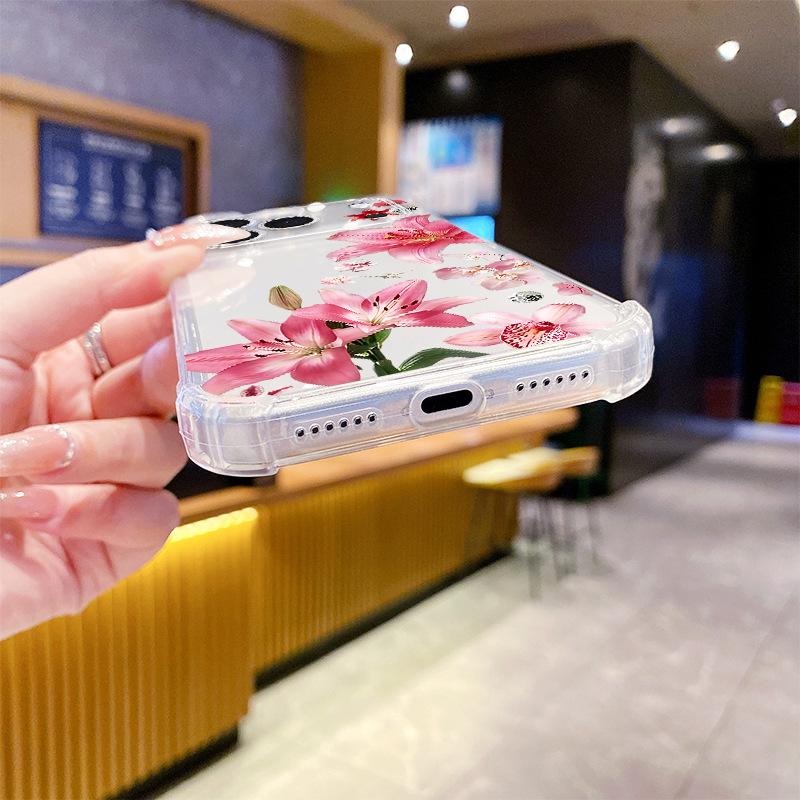 Hot-selling ins Feng Shui Color Pink Lily Apple 15PM Mobile Phone Case Four Corners Anti-drop iPhoneAIR Protective Case