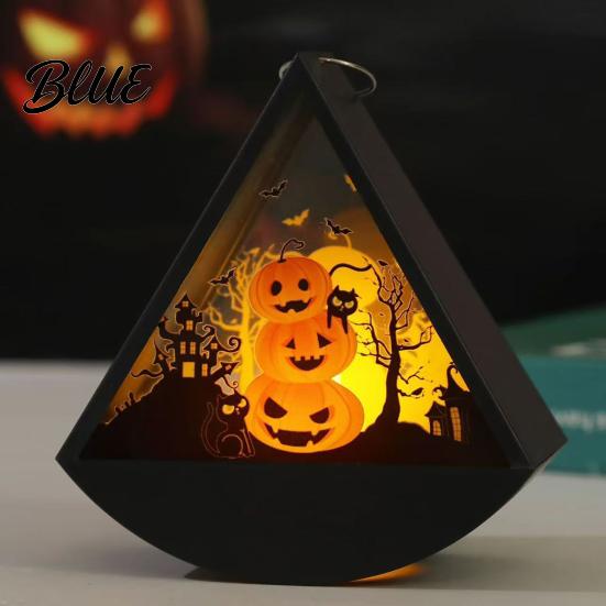 Decorative Lights for Home Halloween Triangle LED Lantern Tumbler Shape Night Light with Witch Ghost Glass Silhouette Shadow Box Pumpkin Battery