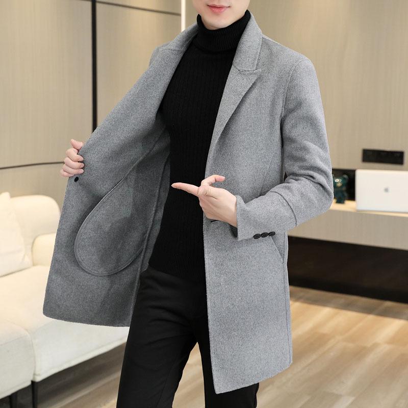 Men's 2024 Autumn/Winter Slim Fit Wool Tweed Coat - Korean Style Mid-Length Trench with Velvet Lining