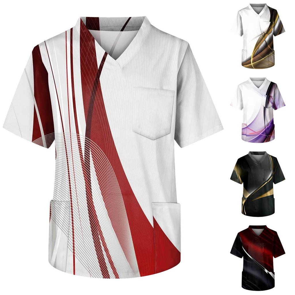 Men's Short Sleeve V Neck Leopard Print Chest Pocket Carer Top