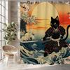 Funny Japanese Cat Sunset Shower Curtain, Vintage Anime Ocean Wave Kitten Decor, Artistic Waterproof Washable