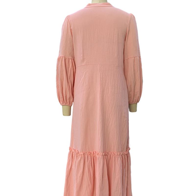 2025 Autumn New Style, Women's, Fashion V-neck, Bubble Sleeves, Bohemian, Cotton and Hemp, Dress