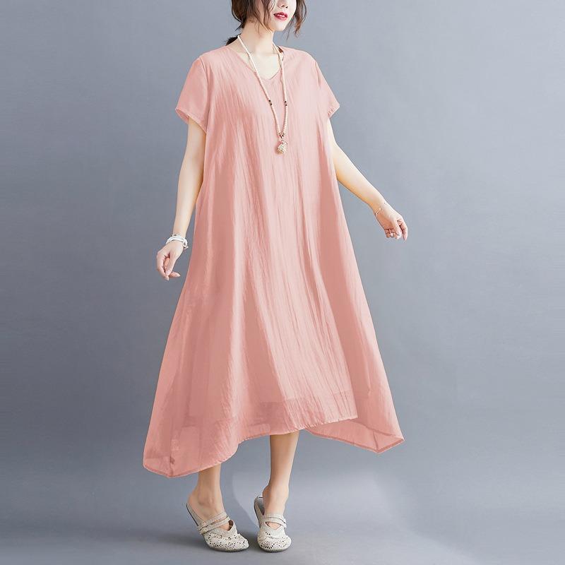 A Woman In A Solid V-neck Dress for Summer