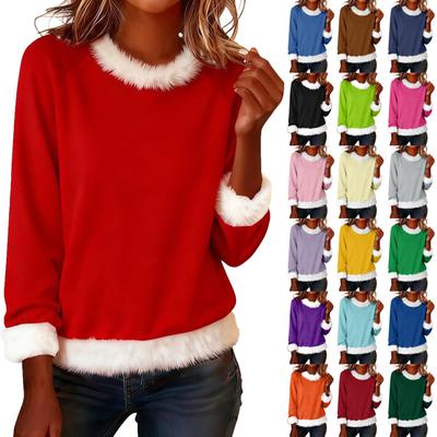 Women's Fashionable Solid Color Plush Round Neck Long Sleeved Casual Pullover T-shirt Top