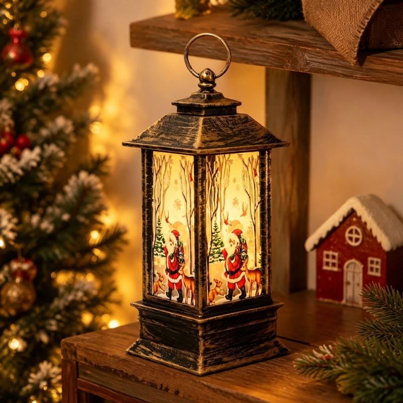 Christmas Party Lantern, Compact ABS Lighted Holiday Ornament for Mantel Tabletop Bookshelf and Shop Window Styling
