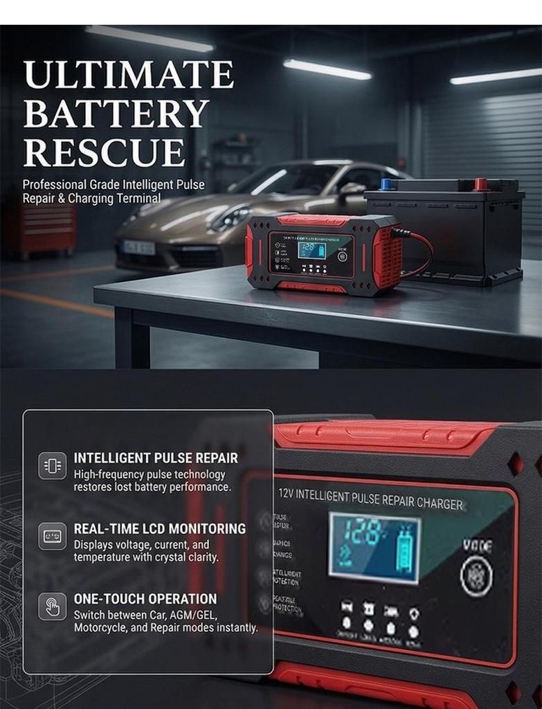 12V Lead-Acid Battery Charger with Auto Stop for Motorcycle, Car, and EV