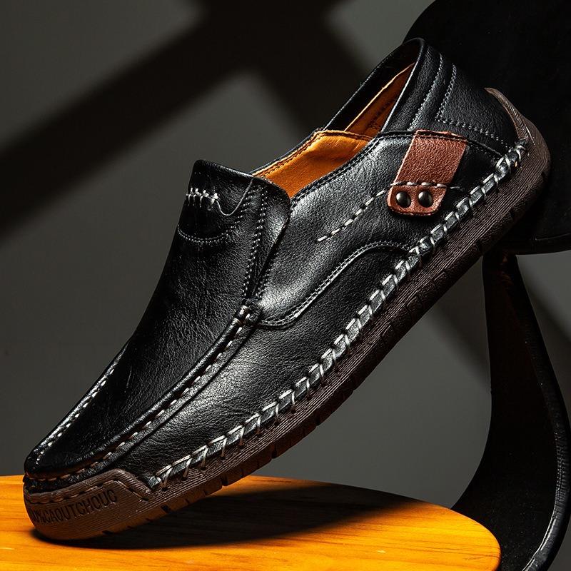 Hand-Stitched Slip-On Leather Loafers | Men Outdoor Casual Flat Low-Cut Shoes Big Sizes