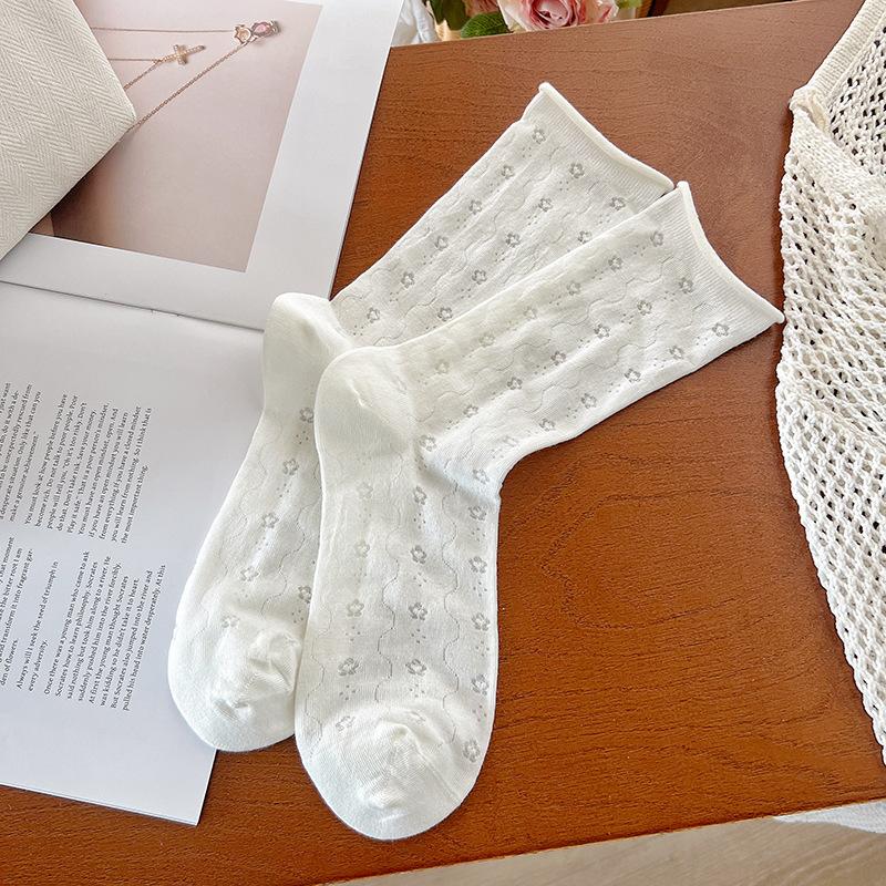 Summer Mesh Socks Children'S White Medium Tube Socks Small Flower Polka Dots Hollow Stacking Socks Breathable Stockings Wind Socks